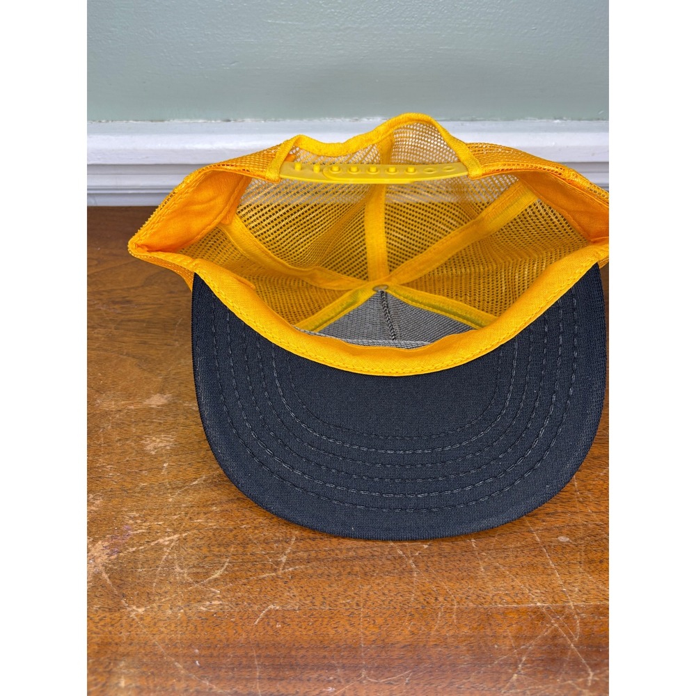 Vintage Cushion Cut Trucker Hat Mens Yellow Black Mesh Snapback Made in USA 80s - Picture 6 of 7